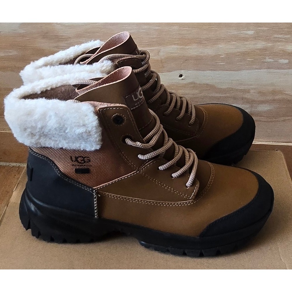 UGG Yose Fluff Waterproof Winter Boots Brown Black Fur Lace Up 1130901 Womens 11